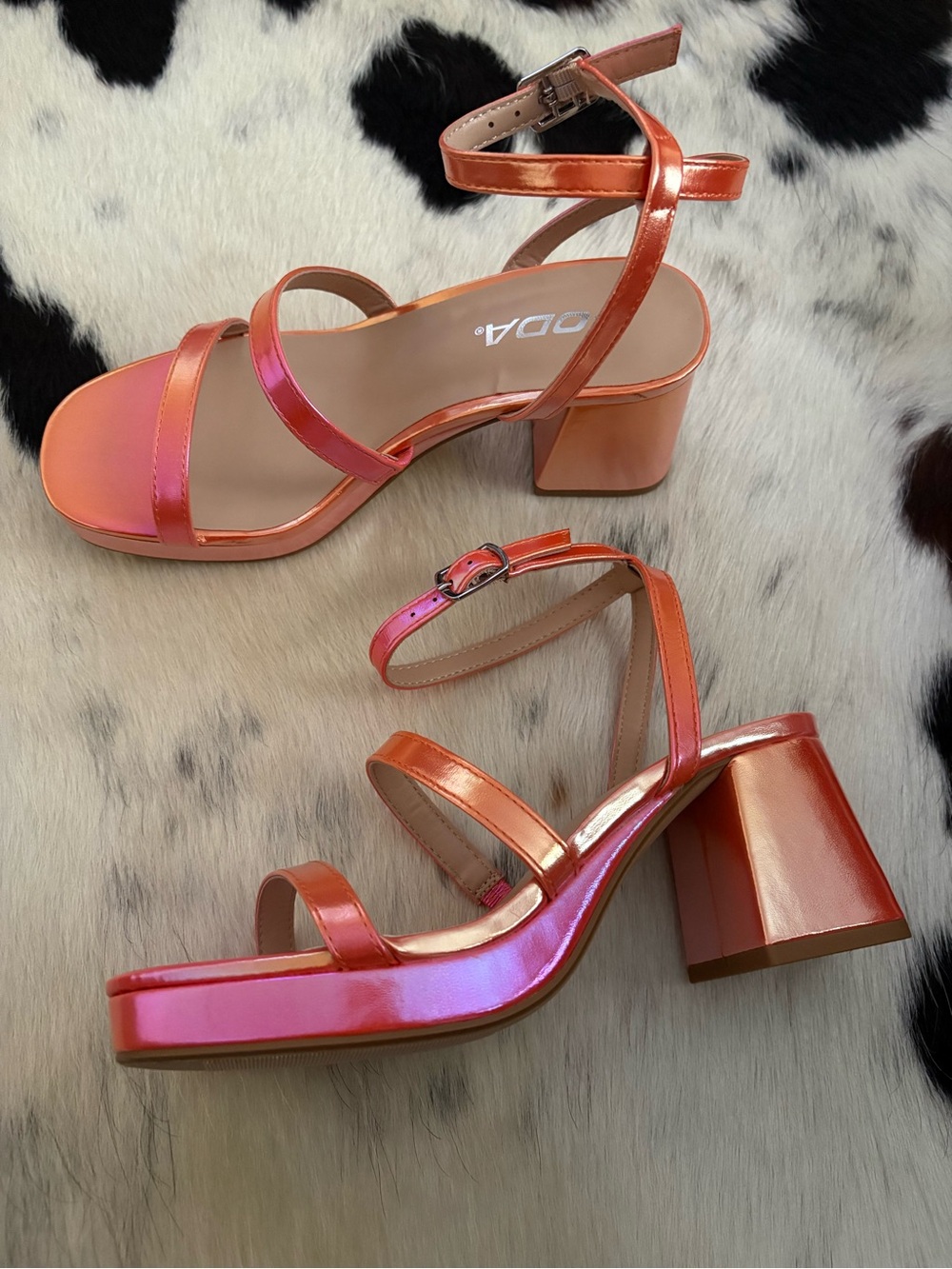 Soda Metallic Coral-Pink Block Heel Ankle-Strap Sandals